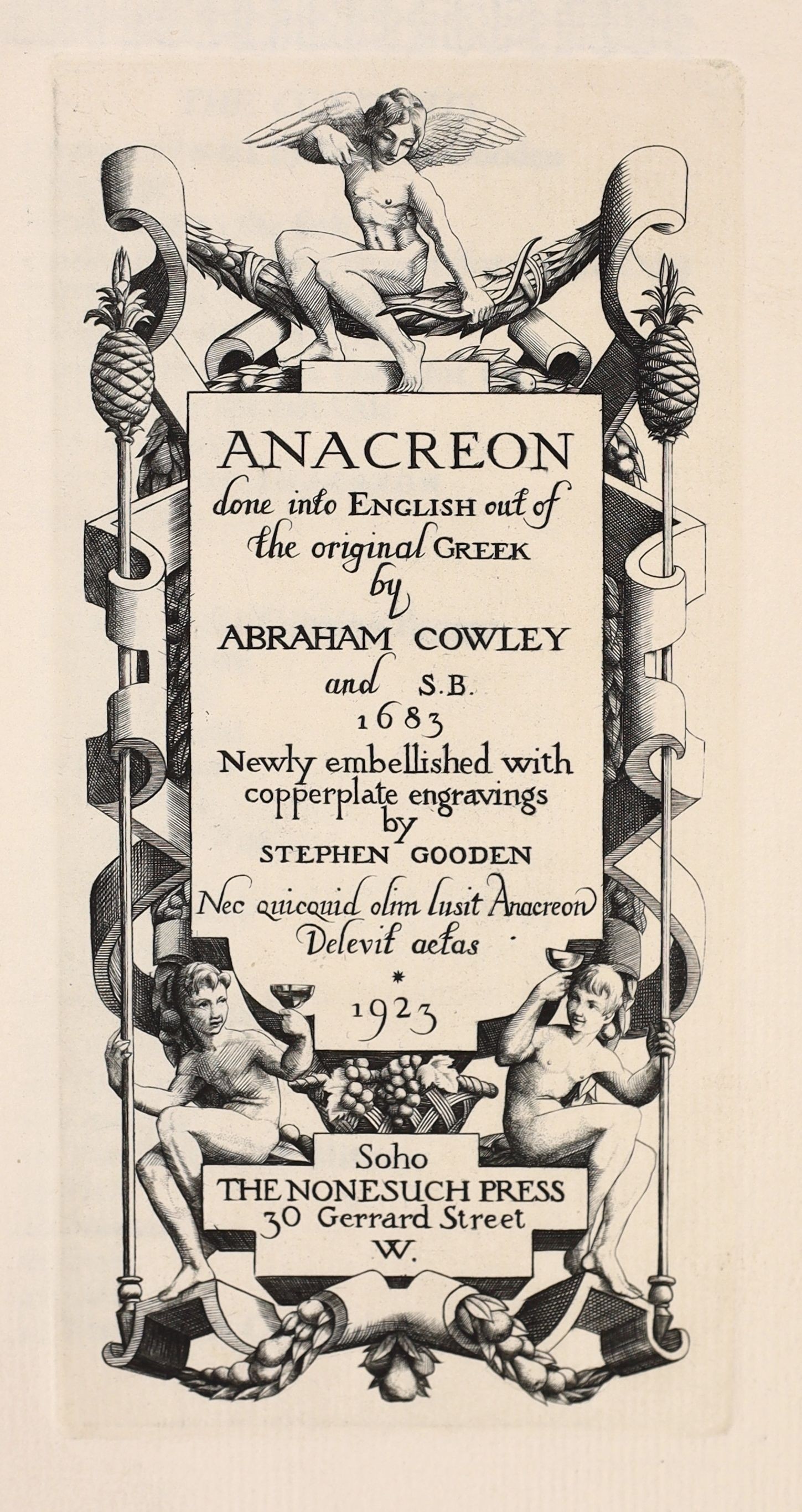 Anacreon - Anacreon done into English, one of 725, translated by Abraham Cowley, 8vo, quarter vellum, with gold paper boards and 7 copperplate engravings by Stephen Gooden, Nonesuch Press, 1923 and Addington, William - C